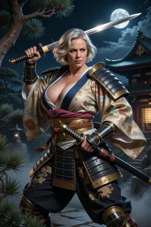 Scandinavian woman, 39 years old, short wavy bob haircut, chubby curvy voluptuous body, (((Japanese Samurai in traditional gusoku, fully clothed, Kimono and Hakama, Japanese katana sword, pine branches, high detail, night, moon, Japanese temple))), ((dynamic pose, katana ready)), (((masterpiece, the best quality))), (((on the right hand 5 fingers, on the left hand 5 fingers))), Art by Boris Vallejo