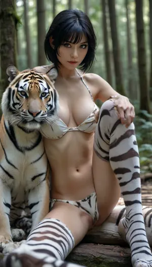 Beautiful woman, tiger-striped bikini, hunting knife, large breasts, short black hair shaved on the right side, white tiger-striped self-supporting stockings, sitting tiger, forest, xuer, White, tiger, but, <lora:绪儿 猛虎下山 xuer White tiger:1.2>, <lora:BUT_SDXL_SHS:1.2>