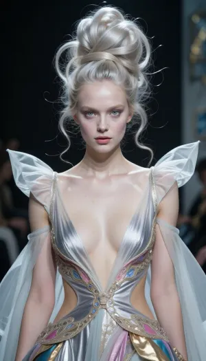 (avant-garde surreal esthetic portrait of an eerie and unnerving model as she struts a high-fashion catwalk in Milan), (silver-blonde hair, extravagant high fashion hairstyle with a weightless floaty look), (pale skin, albino), (lithe lender body, long slender torso, chiselled cheekbones, lean face with defined features), (risque modern take on a princess dress with deep cleavage and showing off her midriff), study of feminine form, (focus on eyes, expressive eyes, large oversized eyes, pale eye color), (analog lens, professional studio photo-shoot, professional color grading), soft and surreal non-distracting background, bold and colorful high-fashion makeup to create a striking contrast
