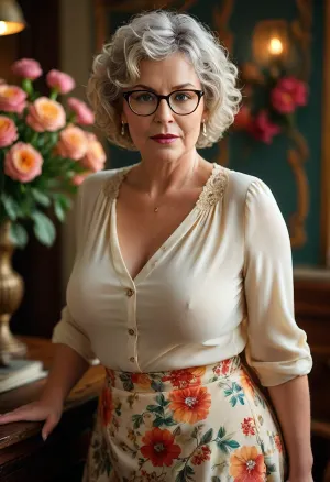 Woman, One, teacher, 55 Years old, White, Busty, short curly hair, light blonde hair with dark roots, Full body, Standing, Closeup Portrait, Glasses, cream colored blouse, long floral print skirt, cleavage showing, voluptuous, plump, skindentation, chubby, bbw, venus, body, big, breasts, ass, <lora:Chubby BBW - XL:2>, <lora:MJ52:1>