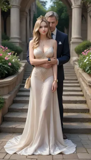 (Medium wide shot photography looking at an elegant outdoor scene inside a luxurious formal garden, with the subjects posing directly for a photo:1.3), ., [SUBJECTS], (An ultra-feminine, gorgeous light brunette woman stands completely upright with a tall, proud, and elegant posture on a manicured stone pathway, looking directly straight ahead towards the camera with a fierce, mischievous, and playful smiling expression full of confident allure:1.3), (her beautifully balanced oval face shape features a healthy, gorgeous natural facial fullness with softly rounded cheeks and a smooth, delicate contour, strictly avoiding any gaunt, or hollow look:1.3), (her face features striking, wide open full grey-blue eyes with a highly specific structural eyelid shape where the upper eyelid fold is prominently visible at the inner corner, then deeply recedes and completely disappears under the brow bone at the center of the eye, and neatly reappears at the very outer edge of the eye:1.3), (directly underneath her lower lash lines is a subtle, delicate natural skin fold crease line that is a soft anatomical feature, strictly avoiding any aging wrinkles or crow's feet, while the entire eye contour and gaze remain exceptionally sharp and crisp:1.3), (she has softly contoured plumper cheeks highlighting her intense gaze, a well-shaped nose, and a strong elegant chin:1.3), (she has beautiful, soft and completely natural lips, forming a confident and sassy smile:1.3), (her face features naturally textured feathered dark eyebrows with a realistic, slightly feathery hair-stroke pattern, and heavily emphasized, long thick upper eyelashes, with very minimal subtle lower eyelashes:1.3), (her hair is very long, smooth and sleek at the crown of the head, cascading into modern effortless voluminous long waves, featuring more pronounced, brighter, and multi-dimensional warm dark-blonde balayage highlights throughout the lengths, with a very bold, thick, dense and highly defined curtain bangs fringe neatly framing her face and deeply catching the light, gently brushing against her eyes, styled with rich dark brown roots:1.3), (the frame captures her toned body, large breasts, and defined cleavage, she is wearing a sophisticated, premium gold-and-cream elegant sheer dress that is delicately translucent, with a delicate fine gold chain necklace with a circular medallion pendant around her neck, a stylish rosegold watch on her wrist, and she is elegantly holding a matching gold clutch purse in her hand:1.3), (Standing right next to her on the pathway, posing for the photo, is an older, tall, heavy-set thick-built plus-size man, he is slightly gray-haired with a well-groomed graying beard and features a very high, prominent receding hairline and deep widow's peak, he is wearing a premium formal suit with his dress pants completely unzipped and open, his face is off by the frame and completely out of view:1.3), full body view