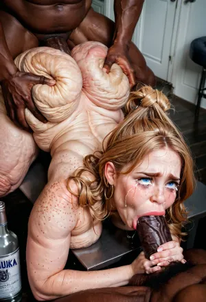 UHD, 8K, (extreme realism:1.5), very detailed eyes, very detailed freckles, Mature MILF with curvy curves, (obese:1.2), dick between her ass cheeks, african man stroking his massive black dick on her ass, ((freckles on shoulders and back:1.4)), (cellulite), full lips. Light brown hair, on the table, doggy style, ass up, hands behind her back, ((blue eyes)), hands tied, slightly scared, black dick in the ass, tears, pain, closed eyes, (((crying in pain))), pulling hair, face in orgasm, bottle of vodka and lemon on the table, black man holding bbc dick. Painful orgasm, traces of spanking., (((tears of pain))), ., dynamic, raw, lighting, overexposed, harsh, flash, one, sexy, woman, shocked, by, huge, cock, cockshock, <lora:Dynamic_Lighting_by_Stable_Yogi_SDXL3_v1:.8>, <lora:Tail_Plug__SDXL:.8>, <lora:Rawfully Stylish v0.2_epoch_20:.8>, <lora:cockshock:.8>
