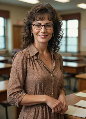 stunning woman, teacher, 55 years old, thick curly dark brown hair, medium length hair, feathered bangs, (detailed hair), brown eyes, narrow pointed nose, prominent chin, smiling cheeks, smiling, (detailed face), round tits, cleavage, vintage glasses, wearing a full length button down dress with 3/4 length sleeves, a tan with dark brown speckled print dress, (detailed dress), very deep neckline, standing, full body, desk, empty classroom, (highly detailed, photorealistic, best quality, pov from front), <lora:MJ52:.8>