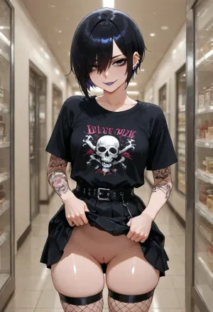 Emo woman, 18 year old, black skirt, black top, black fishnet stockings, black hair, very short hair, black makeup, purple lipstick, tattoos, piercings, (little skirt lift, in the mall, flashing pussy, sexy smile)