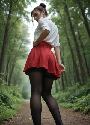 Low-angle shot from behind, a woman wearing a white long-sleeved blouse with red trim and traditional red lacing, a short layered red skirt, and opaque black tights. She bends forward slightly, holding the back of her skirt with both hands, feet close together and raised behind her. Long black hair tied up in a bun. Outdoor setting with lush green trees and blue sky, bright natural sunlight, soft background blur, cinematic perspective, realistic fabric folds, detailed clothing, shallow depth of field, vertical composition, photorealistic.