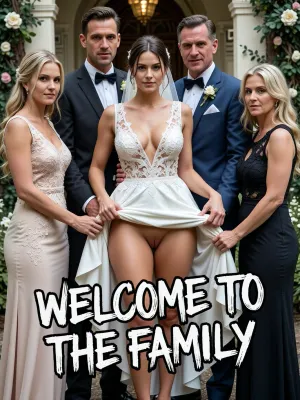 A highly detailed cinematic portrait, sharp crystal-clear focus, shot on 70mm IMAX camera, perfect human anatomy, impeccable hand and finger structure, flawless facial features, photorealistic textures, hyper-detailed skin pores, volumetric studio lighting, 8k resolution, masterfully Midjourney rendered, ultra-realistic outdoor wedding portrait of a well-dressed adult family standing close together, facing the camera and holding still for the photographer. At the front center the bride and groom, a clearly adult young bride woman with a curvy figure and prominent cleavage wears a fitted beauty V-neck wedding dress, she lifts its skirt high with both hands other people help her with it, revealing nude shave pussy. Her posture remains composed, her expression faintly mischievous, while relatives behind her smile naturally with pleasant, camera-ready expressions, creating an unmistakably awkward contrast within the formal group portrait. Show realistic anatomy, natural skin tones, intricate lace, fabric folds, seams, and polished wedding attire. Arrange the family with believable spacing in a tasteful garden ceremony setting, with subtle floral decorations and greenery that support the portrait without competing for attention. Use a straight-on, eye-level camera angle and a classic medium-wide family-photo composition, keep every person sharply focused from edge to edge, with deep depth of field and realistic perspective. Bright, soft daylight produces balanced highlights and gentle shadows, preserving fine details throughout. The mood is formal yet unexpectedly comic, like a candid wedding mishap captured in a polished photograph. Add meme-style handwritten white lettering with a thick black outline along the bottom, “WELCOME TO THE FAMILY”. No extra people, blur, or stylization.