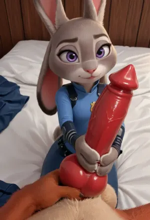 Reiq style, (Furry, Judy Hopps from "Zootopia":1.7), cute face, tiny perky breasts, (Furry, Nick Wilde from "Zootopia":1.7), ((Disney)), Judy Hopps sucking knotted penis Nick Wilde's, red penis, canine penis, fox penis, Bed.