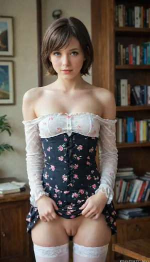 masterpiece, 8k-ultra, 21 years old japanese femboy, skinny short body, flat-chested, short pixie-styled hair, wearing colorful bar-wench dress with a tight floral-print underbust corset, sheer long sleeve frilled shirt that is off the shoulders, white plain-top stockings, exposing groin, in study with large windows, lots of books on the wall bookshelves, skirt, lift, lens, flare, pixel, art, piratical, beauty, transgender, tranny, futanari, futa, femboy, shemale, average hard penis, ((Average sized penis)), biting lower lip lustfully, lustful look, horny, flushed face, blushing, flat, chested, <lora:skirtLift:1.1>, <lora:beautiful_pirates_merge:.8>, <lora:flat_chested_v3.5:.8>