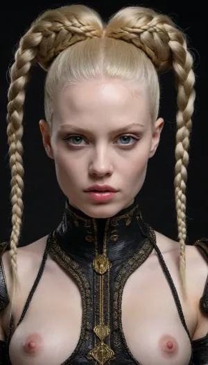 Alluring tempting luscious dark female albino warrior for the God of Chaos and War in fearsome and also beguiling wealthy expensive ornamated pomp splendor pageantry magnificence opulence, sumptuousness heavy armor in very black and bright gold with piquant insights. multi-braided hairstyle, half naked nude-art in the style of Eric Zener