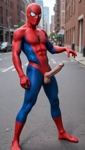 Spiderman in original complete Spiderman outfit, in street in New York, huge dick in Hand, Shooting spiderweb Out of Penis.
