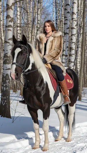 In a deep forest, all birch trees, winter with snow on the ground, mid day so sun os out

A painted horse, black and white colored, horse, halter and a riding blanked

There is a female on the horse, she is dressed in wild furs coat, saude leather pants, and knee high moccasins