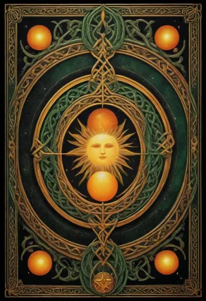 Tarot Card Style, black starry background, big orange and yellow sun in center, border gold celtic knot, masterpiece, official art, <lora:DUSK_XL_TAROTCARD_dadapt_cos_5e4:.8>, green