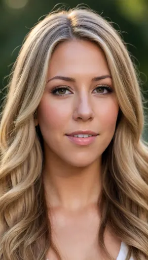 Create a upper-body-portrait of Colbie Caillat at the age of 18. She has light ash-brown to caramel-brown, honey-blonde, ash-blonde, and champagne-blonde hair with light-blonde highlights and ombré tones—featuring soft color transitions from light brown to blonde, brunette, and light caramel.