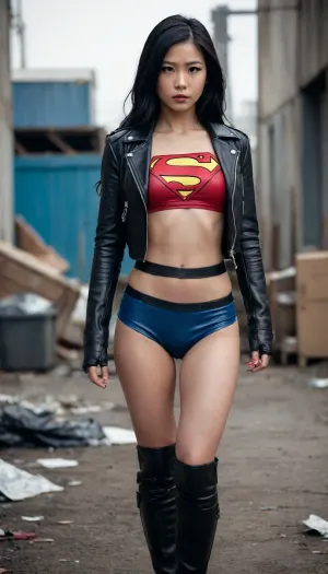 Asian Supergirl, wearing crop top, nude from the waste down, medium breast, shaved pussy, long black hair, black leather jacket, only-18-year-old, naked from the waste down, full body shot.