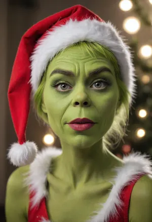 woman, Medium shot Photo of the Grinch. It's a cinematic live action photography with cinematic and soft lighting. The photo was shot on a DSLR, Canon EOS D5 IV. full body