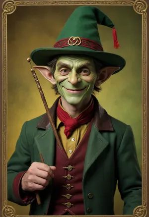 Tarot Card Style, yellow background, man, goblin like, cheeky grin, pointed green hat with red band, dark green coat, brown waistcoat, holding a brown leather poch, full of gold, and a crooked stick, border silver celtic knot, masterpiece, official art, <lora:DUSK_XL_TAROTCARD_dadapt_cos_5e4:.8>, green