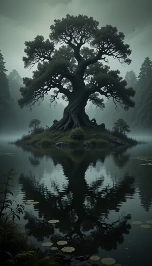 A dark, mysterious, and ancient large tree standing alone on a small, lush island in the middle of a calm, reflective lake. The scene is enveloped in a thick, eerie, and atmospheric fog, with muted, desaturated green and grey tones. The lighting is soft and diffuse, creating a moody, cinematic, and gothic aesthetic. The water perfectly mirrors the island and tree, producing a symmetrical composition. Highly detailed tree silhouette, tangled branches, dense undergrowth, volumetric lighting, oil painting texture, masterpiece, ethereal, melancholy, dark fantasy style, 8k resolution, cinematic lighting, sharp focus, serene yet ominous atmosphere.