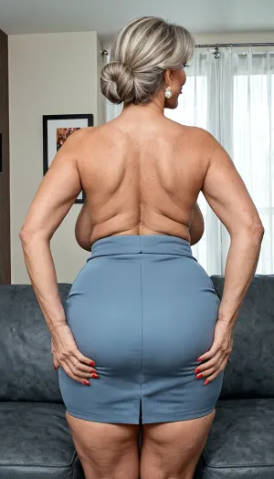 45 year old mom, (M.I.L.F), is at a casting couch trying out for a new porn movie., ((She is topless wearing a long length pencil skirt)), . She is standing up straight looking forward., ((45 years old)), ((45 year old mom)), ((fat thighs)), ((massive teardrop boobs)), ((extremely detailed 45 year old mom)), ((extremely detailed)), ((extremely real)), ((4k quality)), ((curvy body)), ((extremely detailed face)), ((long length pencil skirt)), ((ass is covered by long length pencil skirt)), ((back view)), ((long nipples)), face_refiner, <lora:Saggo_XL:2>, <lora:SDXLHighDetail_v6-000005:2>, <lora:SDXL_DatAss_v1:.8>, <lora:Adjust_SDXL_v3.0:2>, <lora:Skirt Length - SDXL_alpha1.0_rank4_noxattn_last:2>