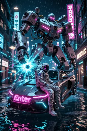 ‘A surreal digital landscape’. An astronaut, sitting on a floating, glowing neon ‘Enter’ key, drifts through a cinematic, hyper-detailed frame featuring a cyberpunk sports car that is just transforming into a giant mecha robot. The wet streets of futuristic Tokyo at night, bright neon signs, raindrops reflecting pink and blue light. Explosive motion effects, intricate mechanical cogs, exposed wires, blue energy sparks and particles. Photorealistic textures of scratched carbon fibre and polished chrome, volumetric lighting, a spectacular science-fiction composition