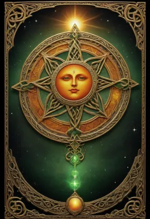Tarot Card Style, black starry background, big orange and yellow sun in center, border gold celtic knot, masterpiece, official art, <lora:DUSK_XL_TAROTCARD_dadapt_cos_5e4:.8>, green