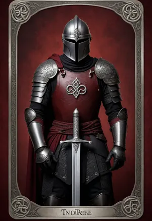 Tarot Card Style, dark red background, knight in black armour, holding a sword, border silver celtic knot, masterpiece, official art, <lora:DUSK_XL_TAROTCARD_dadapt_cos_5e4:.8>