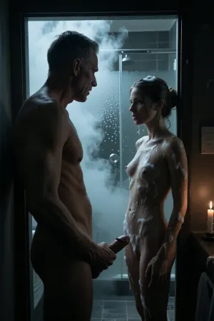Photorealistic cinematic Film Noir scene, 49 years old man standing in absolute darkness in a hallway, he gazes through a door crack into a bathroom filled with thick steam, the air dense and hazy, in the distance a 30 years old tiny brunette woman behind a fogged glass shower door, every surface damp and shadowy, the man distant, distance, steam, and subtle intimacy, she looks at the man seductively.