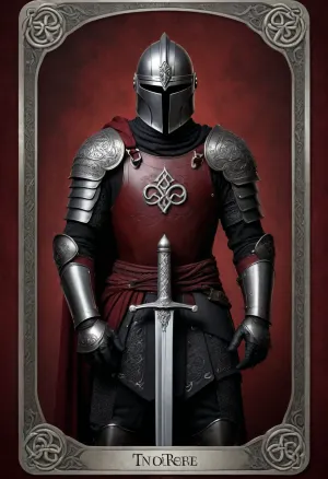 Tarot Card Style, dark red background, knight in black armour, holding a sword, border silver celtic knot, masterpiece, official art, <lora:DUSK_XL_TAROTCARD_dadapt_cos_5e4:.8>