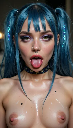 MATHYRI MIKRO ultra photorealistic cinematic, (20 years old petite woman, instagram model petite, Sweaty, piercing nipples, tits pierced, septum piercing, nose piercing, chocker, small boobs, very slim girl, slim Masterpiece, furry, futanari, solo, (high-quality facial treatment:1.3), ((makeup:1.5), long blue eyelashes, olive eye shadow with sequins), large plump lips bimbo in red lipstick with a glossy wide pink outline and a slightly open mouth, (hairstyle with five pigtails straight bangs of blue with sequins:1.2), pupil eyes like a snake
eyebrows thin)