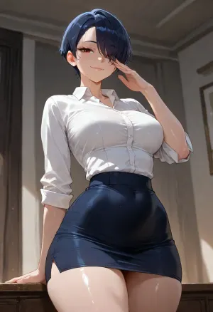 1girl, solo, sexy body, medium breasts, thin waist, wide hips, thick thighs, very short hair, fair skin, dark blue hair, fringe of hair covering one eye, smug smile, red eyes, black mole under one eye, white shirt, blue pencil skirt