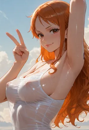(Nami from One Piece, long orange hair:1.2), solo, armpit fetish, sweaty armpit, soft smile, kissing lips, glossy lips, peace sign, looking at viewer, side view, sheer white top, small medium breasts, erect nipples, deep pokies, see-through, outdoors, simple sky background clear blue sky white soft white clouds