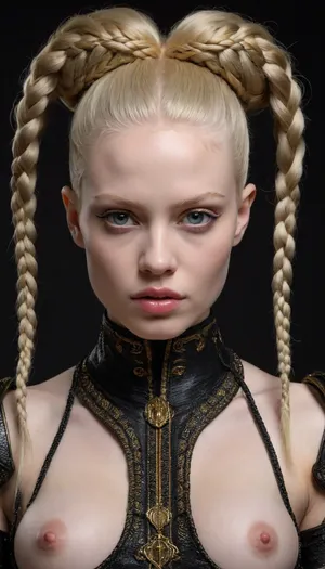 Alluring tempting luscious dark female albino warrior for the God of Chaos and War in fearsome and also beguiling wealthy expensive ornamated pomp splendor pageantry magnificence opulence, sumptuousness heavy armor in very black and bright gold with piquant insights. multi-braided hairstyle, half naked nude-art in the style of Eric Zener