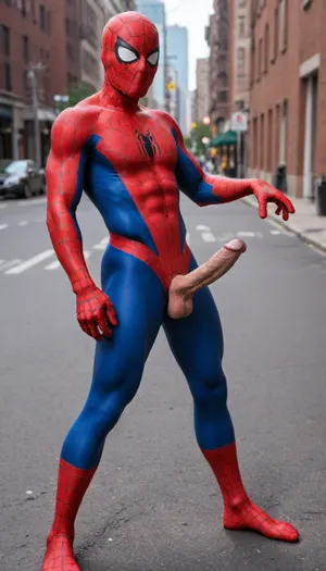 Spiderman in original complete Spiderman outfit, in street in New York, huge dick in Hand, Shooting spiderweb Out of Penis.