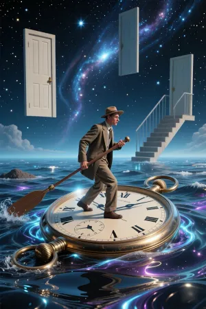 A surrealistic scene of a traveller crossing a cosmic, glowing sea on a giant vintage pocket watch. The watch’s hands serve as oars, cutting through waves of liquid mercury. In the background, floating doors and staircases lead up into the starry sky. In the style of Salvador Dalí and René Magritte, with a dreamlike atmosphere and cinematic lighting