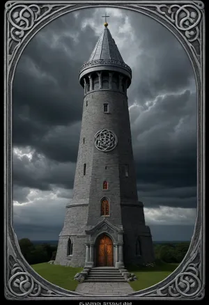 Tarot Card Style, Black stormy background, high tower, bluestone domed top, dark windows, border silver celtic knot, masterpiece, official art, <lora:DUSK_XL_TAROTCARD_dadapt_cos_5e4:.8>