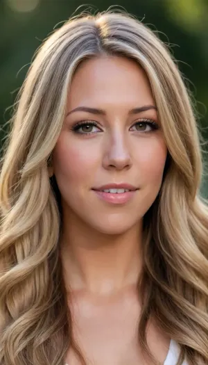 Create a upper-body-portrait of Colbie Caillat at the age of 18. She has light ash-brown to caramel-brown, honey-blonde, ash-blonde, and champagne-blonde hair with light-blonde highlights and ombré tones—featuring soft color transitions from light brown to blonde, brunette, and light caramel.