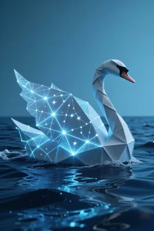 A surreal conceptual art piece. A traveller sailing across a deep blue ocean made of liquid velvet inside a giant, glowing origami swan. The swan’s wings are woven from constellations and glowing web-like lines. Minimalist surrealism, ethereal, soft volumetric lighting, high fantasy