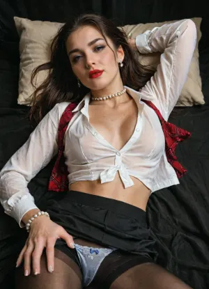 22 year old secretary, lying on back, black background, skirt, pantyhose, female make-up, unbuttoned shirt, cute panties, panties down, pearl choker, pearl bracelets, pearl earrings, red lipstick, purple eyeshadow, DnD_Inkyboyz, inky, grainy, noise, dark, cyberpunk, art, downblouse, nipslip, <lora:DnD_Inkyboyz LCM SDXL Lora:.8>, <lora:RealDownblouseXL2:2>
