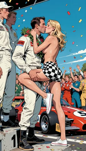1960s Franco-Belgian bande dessinée illustration. Depicting a scene at the winner's celebration after the French Grand Prix at Paul Ricard during the 1969 season. The grid girl is giving the winner his winner's kiss. The jubilant winners, all dressed in racing overalls, stand on the podium. The 1st place winner is holding the grid girl in his arms on the podium. Grid girl has long blonde wavy hair, kissing him on the cheeks, hands around his waist, black and white checkered hot pants, white canvas shoes. She is wearing no shirt, medium tits, wet body, wet hair. There are many cheering fans around and confetti is in the air. A race car is parked nearby. Winner is wearing a wreath over his shoulders.

Precise clean lines, clear line art, flat colors with subtle vintage halftone shading. Dynamic motion blurs and classic speed lines on a vintage Formula 1 race car. Cinematic angle, sharp focus, authentic mid-century European comic aesthetic, masterpiece, highly detailed.