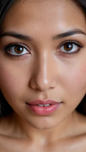 21 YEAR OLD BHUTAN BIMBO SLUT, IN FRONT OF VIEWER, VERY EXTREMELY EXTREMELY CLOSE UP, FACE & BREASTS DIRECTLY IN VIEWERS FACE, FACE TO FACE, DIRECTLY IN FRONT OF VIEWER, LARGE BIG BOOBS, VERY CLOSE UP, BENDING FORWARD, DARK FACE, VERY DARK SKIN, GOOD LIGHTING, LONG NATURAL BLACK HAIR, BIG BROWN EYES, BIG BIMBO LIPS, SMILING, SLUT, PERFECT FACE