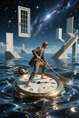 A surreal scene in which a traveller crosses a shimmering cosmic sea on a giant antique pocket watch. The watch hands serve as oars, cutting through waves of liquid mercury. In the background, floating doors and staircases lead upwards towards the starry sky. In the style of Salvador Dalí and René Magritte, with a fairy-tale atmosphere and cinematic lighting