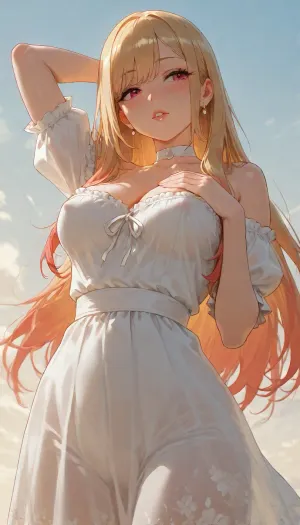 masterpiece, best quality, ultra-detailed, anime style, clean lineart, soft shading, beautiful young woman, 20 years old, (Main Kitagawa), slightly windswept, large expressive eyes, delicate facial features, fair smooth skin, soft natural blush, small nose, full soft lips, slender elegant neck and shoulders, cleavage, medium breasts, long erect nipples, pokies, white floral dress with, deep V-neck, puffy short sleeves, strapless off shoulder dress, white choker, calm gentle expression, slightly parted lips, soft upward gaze, looking slightly upward and to the side, three-quarter portrait pose, medium close-up shot, low angle, sexy pose, (one arm up, one hand behind her head, one hand on her breasts), detailed fingers, simple gradient sky background, bright blue sky with soft white clouds background, soft natural daylight, gentle highlights on hair and skin, heavy blush, kissing glossy lips, clean anime lighting, highly detailed hair strands, delicate fabric texture, smooth skin, vibrant colors