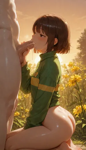 Chara from undertale, (Chara's sweater), Chara appears with a long-sleeve neon green sweater with a single horizontal cream stripe, Chara have a cream skin, brown medium-length hair with side-swept bangs, and rosy cheeks, (black eyes), (red round pupils), Smile, Demonic smile, 20 years old, adult, small body, thin body, flat chest, small flat ass, she is nude from the bottom, clearing, (very detailed green grass), godlen flowers in the background, (very detailed golden flowers in the background), (evening time), (beatiful sundawn), Asriel Dreemurr from undertale, anthro, (very detailed and accurate Asriel dreemurr appearance), (Very detailed Asriel Dreemur face), Asriel Dreemur is completely nude, penis, big penis, Asriel Dreemurr is standing, Chara is kneeling down in front of Asriel Dreemurr, Chara is Sucking on Asriel Dreemurr penis, (Handjob), (Blowjob), Cum, cum in mouth, side view, masterpiece, professional image, very detailed image, 4K image