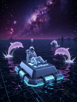 A surreal sci-fi scene, a lone astronaut in a white spacesuit with a dark, reflective visor sits on a giant “Enter” key from a computer keyboard, which is floating in the middle of a dark ocean. The key is massive, with the brightly glowing blue-and-white word “Enter” at the top and technical panels and connectors along the edges. Underwater, glowing microchip schematics and digital circuits are visible in blue and purple light, the seabed resembles the circuit board of an electronic device. Several holographic dolphins leap out of the water, rendered as a glowing white-and-purple mesh with a neon glow. The sky is deep space, filled with stars and a large, bright nebula in shades of pink, purple, and blue. On the horizon are dark, rocky islands. The water is dark blue, with reflections of neon light.