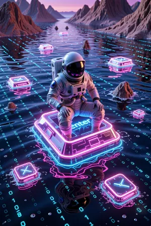 ‘A surreal digital landscape’. A cosmonaut sitting on a floating, glowing neon ‘Enter’ key, drifting across an ocean of glowing binary code and melting clocks. Cyber-surrealism, vibrant colours, fantastical digital art, Octane Render
