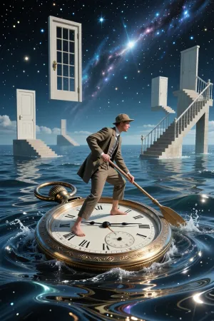 A surreal scene in which a traveller crosses a shimmering cosmic sea on a giant antique pocket watch. The watch hands serve as oars, cutting through waves of liquid mercury. In the background, floating doors and staircases lead upwards towards the starry sky. In the style of Salvador Dalí and René Magritte, with a fairy-tale atmosphere and cinematic lighting