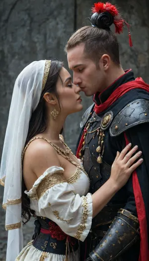 (1male, 1female), A cinematic, intimate embrace between a warrior in ornate black armor and a woman in a flowing white and red traditional hanfu. The warrior, wearing a wide-brimmed black conical hat with gold accents and hanging tassels that veil their faces, leans in to kiss the woman. She wears a white robe adorned with vivid red floral patterns and a crimson sash, her dark hair styled in an elegant updo, exposed huge breasts. The armor is intricately detailed with dark metallic filigree and heavy gauntlets. The lighting is moody and atmospheric, with soft golden highlights contrasting against a deep, muted background, emphasizing the romantic and protective tension of the pose., first person POV shot, through the eyes perspective, immersive subjective viewpoint, (((side view))), .