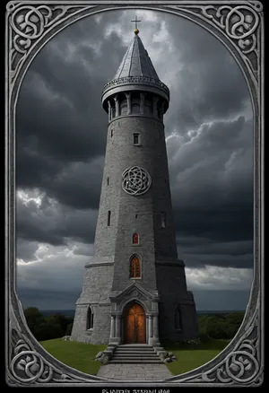 Tarot Card Style, Black stormy background, high tower, bluestone domed top, dark windows, border silver celtic knot, masterpiece, official art, <lora:DUSK_XL_TAROTCARD_dadapt_cos_5e4:.8>