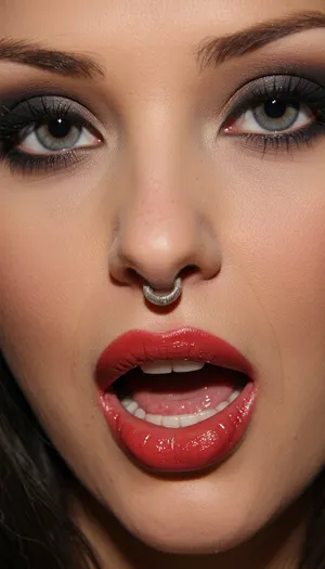 hyperréalisme, hyperdétaillée, vue proche sur un visage d'une femme similaire de celui de la pornstar "Julia Ann", lèvres rouges intenses, yeux hypermaquillés, piercing nasal