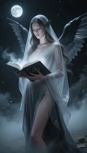 Create a porttrait of The Dark Angel, A tall, ethereal female spirit standing beneath a pale moon, her form partially transparent, soft light passing through her body and wings. She appears half‑real, half‑spirit, edges dissolving gently into thick mist. Long flowing hair drifting weightlessly, a faint inner glow beneath her skin, like moonlight trapped inside her. Her wings are translucent shadow, fading into the night air. She holds a large open book made of shadow‑light, its pages glowing faintly with runes, symbols and soft mist rising from the text. Her eyes reflect the glow of the book, faintly luminous. Her posture is calm and purposeful as she reads. The gown is made of thin, luminous fabric that becomes mist at the edges. A translucent shroud draped over her form, delicate as mist, faintly textured like fine silk or dew‑woven threads. The book beneath glows softly, its light diffusing upward through the veil, illuminating her face. The veil catches faint moonlight at its edges, revealing her silhouette but never her skin. The fabric darkens toward the hem, moon‑graphite tones. She stands with balanced, natural posture — relaxed shoulders, gentle torso twist, weight resting lightly on one leg, she appears to float, in a quiet, moonlit clearing surrounded by drifting fog, the environment subtly visible through her silhouette. Soft, spectral, serene, otherworldly.

cinematic lighting, soft diffusion, pale cool tones, moonlit glow, gentle rim‑light, atmospheric depth, delicate highlights, dreamlike realism, painterly detail, subtle motion in the mist

full‑body view, centred figure, soft focus background, faint light rays, drifting particles, calm posture, slight forward lean, wings spread softly

colour palette of moon‑grey, charcoal mist, desaturated blue‑black tones, no pure white, soft reflective highlights like moonlight on dark silk, translucent greys instead of bright whites, subtle cool undertones, luminous shadows rather than bright glow