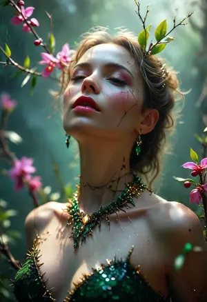 (smooth rendering and vibrant colors:.1), artistic, low angle, body, 40 yo, ethereal belle female orchid predator made of thorns, dress of thorns, thorns emerge from her skin, thorn-like gold jewelry, playful pout, dark misty void with violet and emerald shimmering surfaces, harsh direct lighting, sweetness, soft focus, natural beauty, /KlTTY-ART/, <lora:COMFYUI_mimic_landscape_-_XL_SDXL v2.0:.5>, <lora:MJ52:.1>